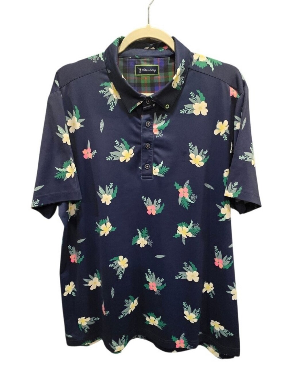 William Murray Golf Men's Large Floral Hawaiian Print Performance Polo Shirt Nav